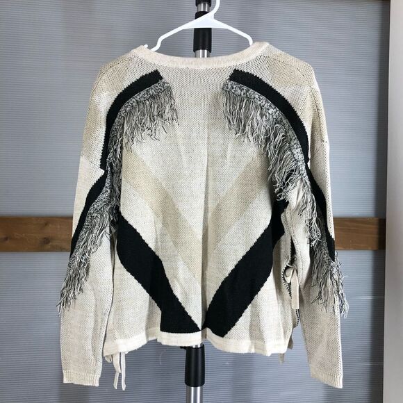 LINE THE LABEL 100% Wool Fringe Chevron Side Slit Tie V-Neck Knit Sweater Sz S - Picture 4 of 10